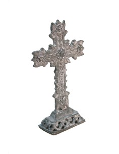 Creu de taula petit de metall i pedreria crucifix de peu per a decoració de la llar. Mides: 11x3x5 cm.