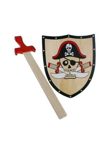 Escudo y espada de madera de pirata complemento para juego y disfraces juguete para niño niña. Medidas: 35x30 cm.