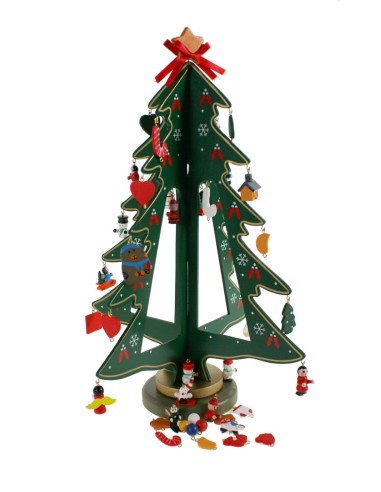 Petit sapin de Noël en bois multicolore avec figurines décoratives et étoile de sapin de table