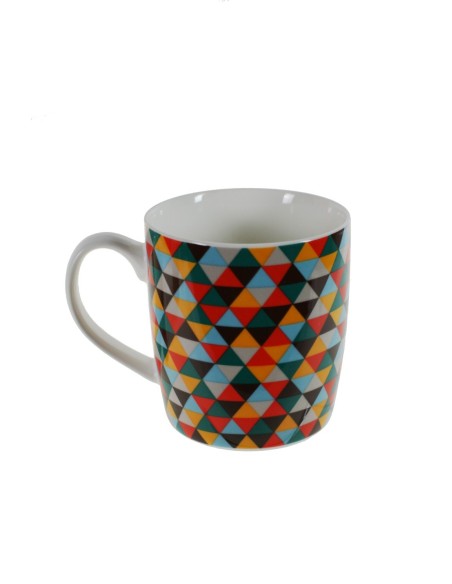 Tassa mug tassa per cafè, xocolata, porcellana multicolor disseny geomètric vintage per als esmorzars. Mesures: 9,5x8,5x13 cm.