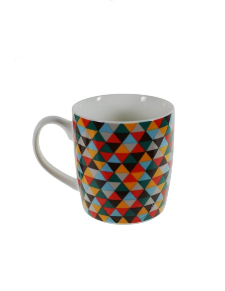 Taza mug taza para café, chocolate, porcelana multicolor diseño geométrico vintage para los desayunos. Medidas: 9,5x8,5x13 cm.