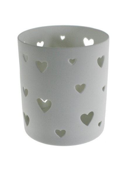 Portavelas de cerámica color blanco con corazones para iluminar con la vela estilo nórdico decoración hogar. Medidas.10xØ8,5 cm.