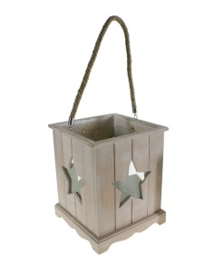 Farolillo pequeño madera con estrella de vidrio asa para agarre o colgar estilo nórdico decoración hogar. Medidas: 16x15x15 cm.
