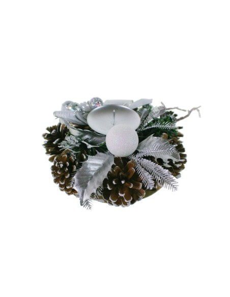 Centre petit de Nadal amb palmatòria i llaç blanc decoració pinyes portaespelmes adorn nadalenc. Mides: 6xØ15 cm.
