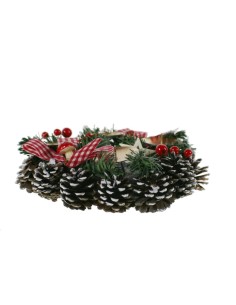 Centro de Navidad con palmatoria y lazos rojos y decoración piñas portavelas de adorno navideño 2