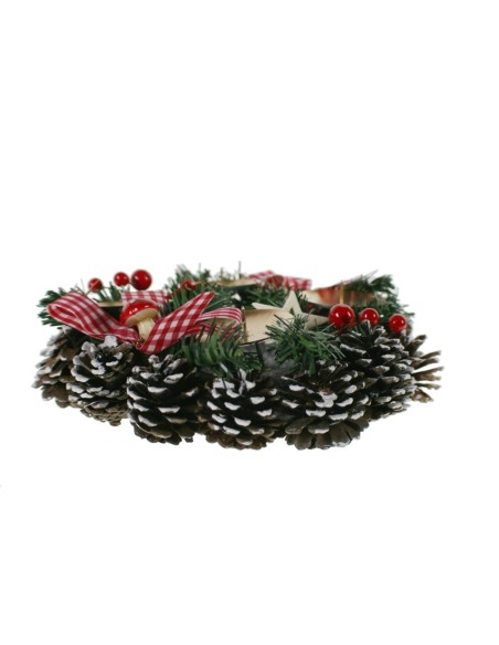 Centro de Navidad con palmatoria y lazos rojos y decoración piñas portavelas de adorno navideño