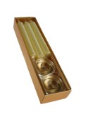 Caja de seis velas doradas y dos palmatorias para decorar centro mesa decoración navideña hogar.