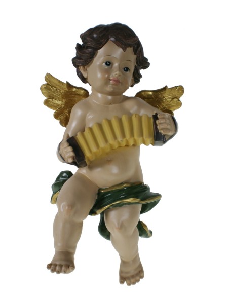 Figura decorativa religiosa Ángel tocando acordeón para pared de resina decoración hogar. Medidas: 32x20x14 cm.