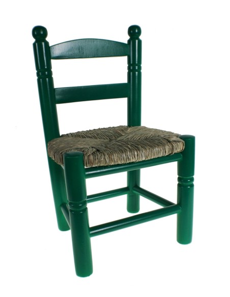 Silla infantil de madera y asiento de anea color verde decoración habitación niño niña y regalo original. Medidas: 53x30x27 cm.