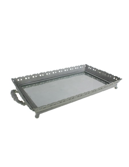 Bandeja de metal grande color blanco con base de cristal estilo vintage servicio de mesa cocina. Medidas: 5x48x26 cm.