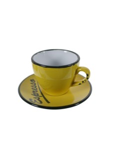 Tasse à café avec soucoupe style rétro vintage couleur jaune avec bords noirs vaisselle