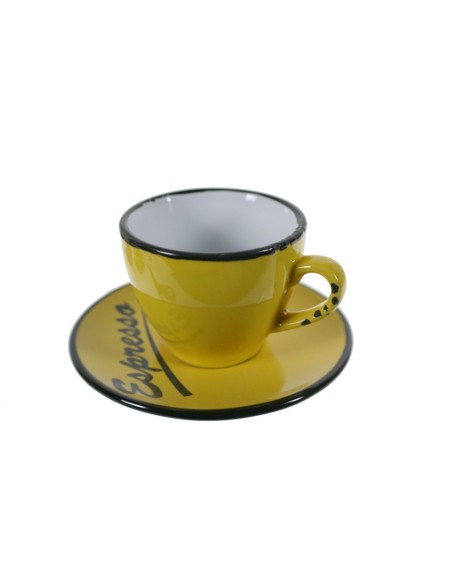 Taza de café con plato estilo vintage color amarillo con bordes negros servicio de mesa. Medidas: 5x Ø10 cm.