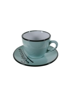 Tasse à café avec soucoupe de style rétro vintage de couleur bleue avec de la vaisselle à bords noirs