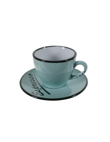 Taza de café con plato estilo vintage color azul con bordes negros servicio de mesa. Medidas: 5x Ø10 cm.