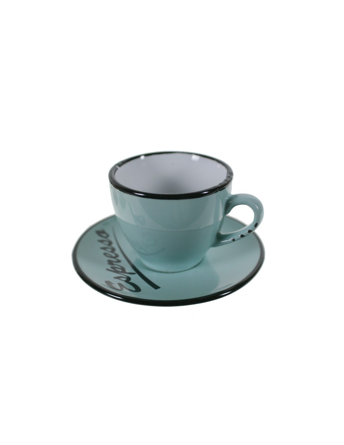 Taza de café con plato estilo vintage retro color azul con bordes negros servicio de mesa 