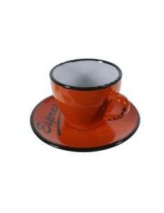 Tassa de cafè amb plat estil vintage retro color taronja amb vores negres servei de taula