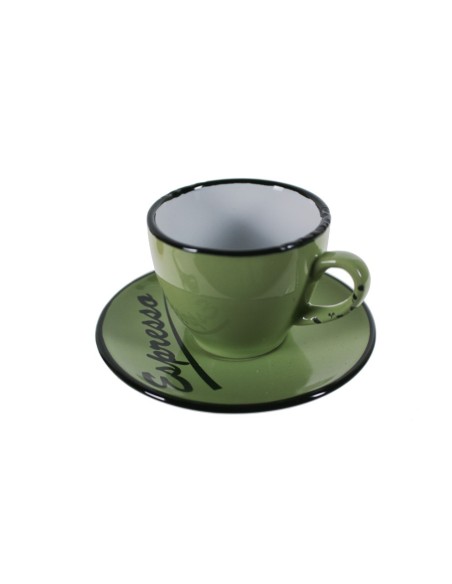 Taza de café con plato estilo vintage color verde con bordes negros servicio de mesa. Medidas: 5x Ø10 cm.