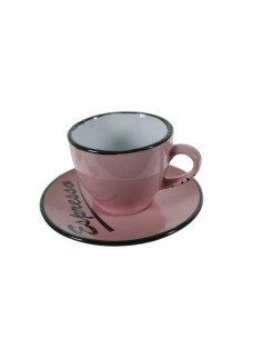 Tassa de cafè amb plat estil vintage retro color rosa amb vores negres servei de taula