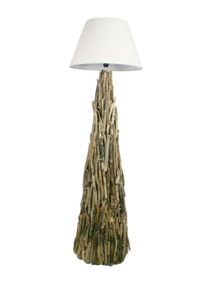 Llum de peu realitzada en troncs estil rústic per decoració llar artesanal peça única. Mesures: 180xØ50 cm.