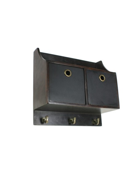 Mueble colgador pequeño de color nogal oscuro con dos cajones y tres ganchos decoración rustica para cocina.Medidas:32x34x14 cm