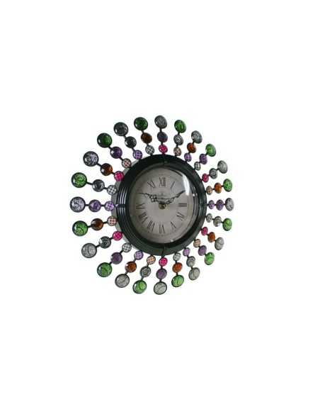 Reloj de pared redondo metálico con aplicaciones lunares de cristal colorido estilo hippie decoración hogar. Medidas: Ø33x5 cm.
