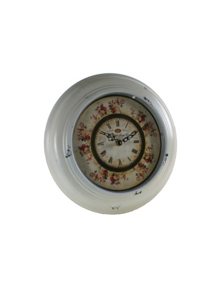 Reloj de pared de metal envejecida de color blanco vintage decoración floral en esfera para el hogar. Medidas: 4xØ32 cm