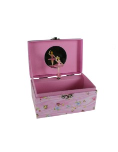 Caja musical infantil joyero color rosa con bailarina girando y espejo. Medidas: 10x16 cm.