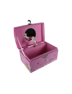 Caja musical infantil joyero color rosa con caballito girando y espejo. Medidas: 10x16 cm.