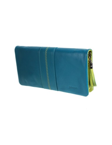 Grand porte-monnaie pour portefeuille en cuir Lady à compartiments multiples, intérieur bleu vert, avec fermeture à glissière