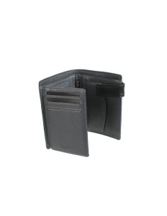 Cartera de hombre con billetera doble, tarjetero y departamentos Color negro de Piel Vacuno, cierre con botón.  2