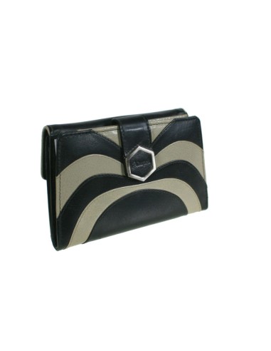 Portefeuille femme avec sac à main, portefeuille, porte-cartes et départements en cuir noir et gris, fermeture à bouton 