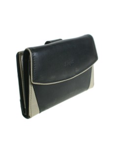 Cartera mujer con monedero, billetera, tarjetero y departamentos en piel color negro y gris, cierre botón 2
