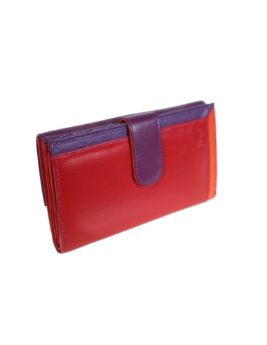 Porte-monnaie pour femme avec une peau rouge et lilas très douce au toucher, à l'intérieur combiné avec des couleurs gaies.