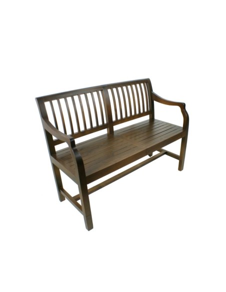 Banc en bois massif à deux places avec dossier et accoudoirs de style rustique pour la décoration de la maison.