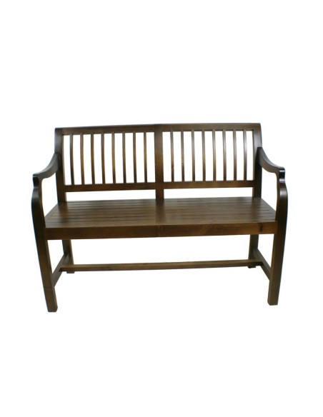 Banc en bois massif à deux places avec dossier et accoudoirs de style rustique pour la décoration de la maison.