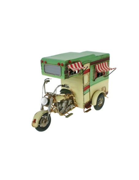 Moto con caravana vintage de color verde y crudo. Medidas: 17x25x12 cm.