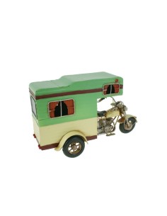 Moto con Caravana Estilo Vintage de Color Verde y Crudo Decoración Hogar Colección de Réplicas. 2