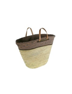 Panier en feuille de palmier majorquin avec poignées en cuir et tissu en balles, panier à provisions.