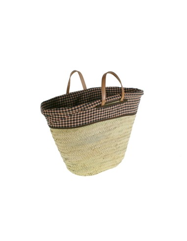 Panier en feuille de palmier majorquin avec poignées en cuir et tissu en balles, panier à provisions.