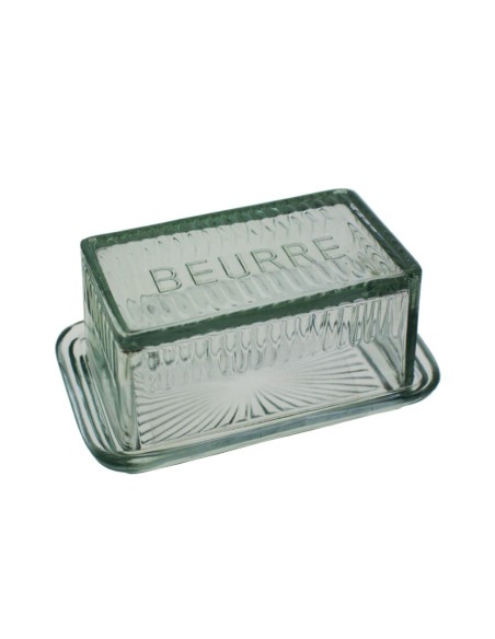 Recipiente para mantequilla estilo vintage antiguo mantequillera de cristal con tapa rectangular. Medidas: 8x17x11 cm.