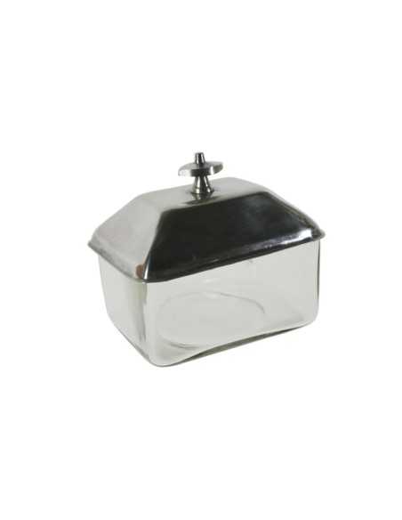 Caja urna de cristal con tapa metálica plateada. Medidas: 11x13x11 cm.