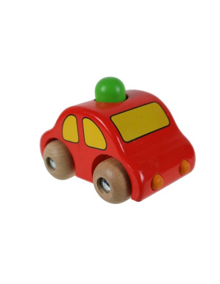 Cotxe vermell en fusta de faig amb clàxon. Mesures: 9,5x6,5 cm.