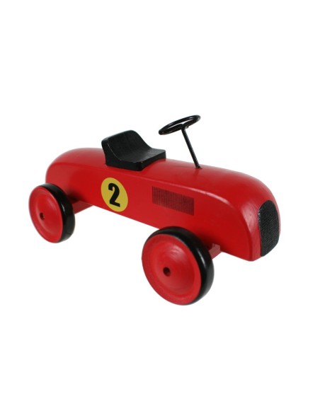 Coche de carreras en madera color rojo con número. Medidas: 10x18x10 cm.