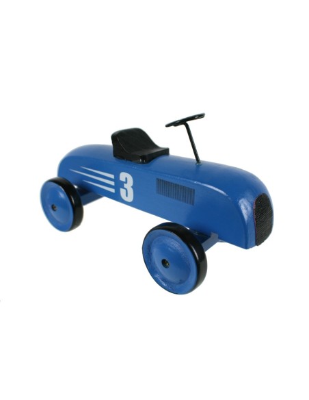 Coche de carreras en madera color azul con número. Medidas: 10x18x10 cm.