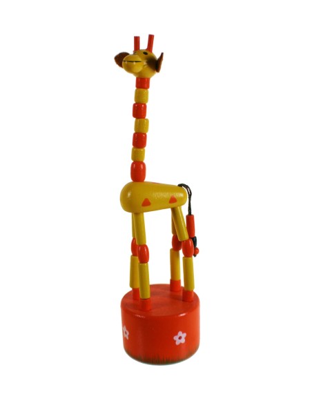 Girafa de fusta de color groc per prémer joguina articulada per a motricitat. Mides: 18xØ4,5 cm.