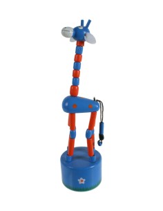 Girafa de fusta de color blau per prémer joguina articulada per motricitat. Mides: 18xØ4,5 cm.