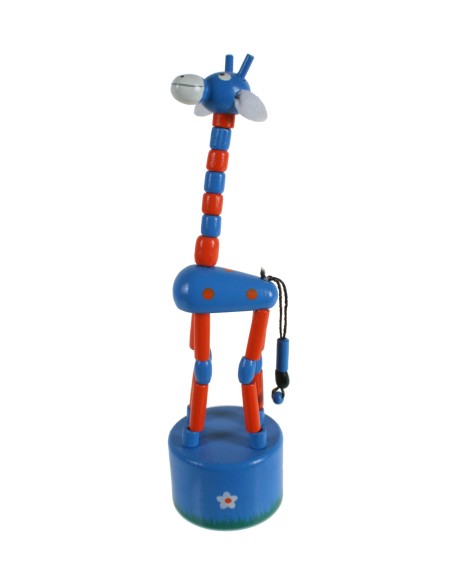 Girafa de fusta de color blau per prémer joguina articulada per motricitat. Mides: 18xØ4,5 cm.