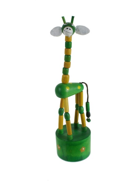 Girafa de fusta de color verd per prémer joguina articulada per motricitat. Mides: 18xØ4,5 cm.