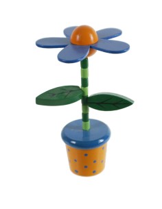 Flor azul de madera articulado juguete tradicional de apretar con base de madera juego de habilidad infantil. Medidas: 12xØ7 cm.