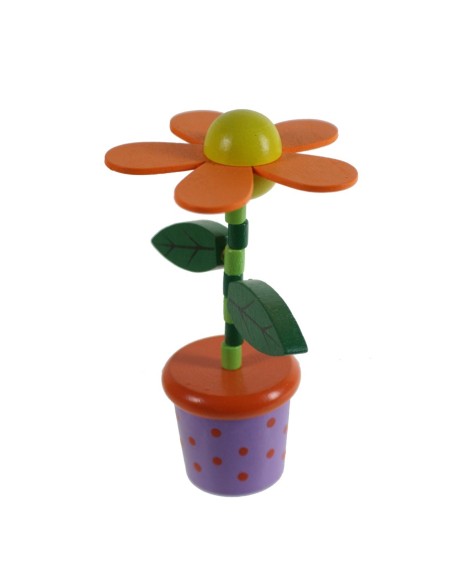 Flor naranja de madera articulado juguete tradicional apretar con base de madera juego de habilidad infantil. Medidas: 12xØ7 cm.